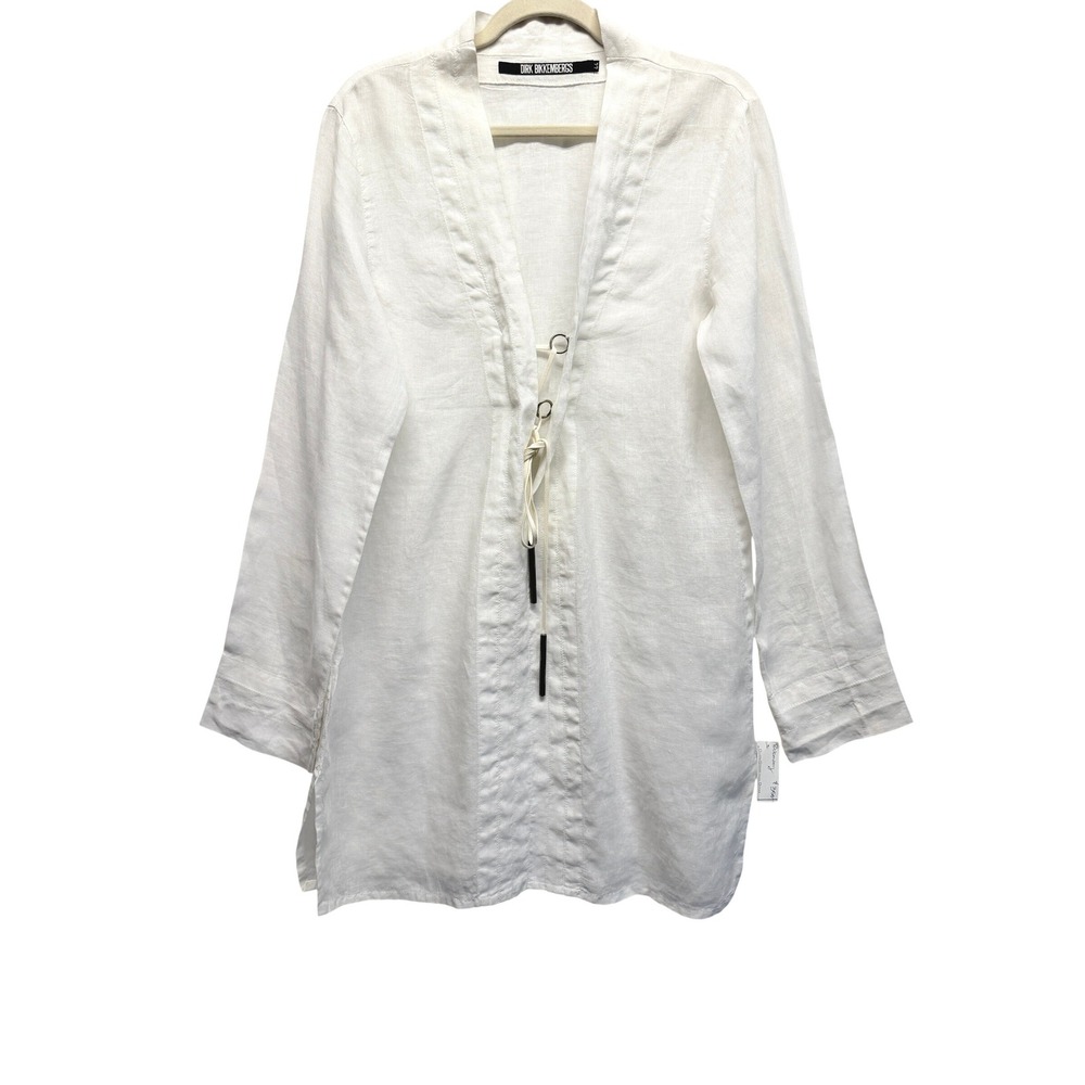 RARE Dirk Bikkembergs White Linen Lace Up Tunic Top Long Sleeve V-Neck Size 44
